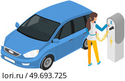 Modern electric smart car charging, automobile parking at charger station with plug in cable. Electrified future transportation e-motion. Environmentally friendly transport, battery electric sedan. Modern electric smart car charging, automobile parking at charger station with plug in cable. Стоковая иллюстрация, агентство Ingram Publishing / Фотобанк Лори