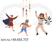 Set of happy people in different costumes for space party. Characters dressed as astronauts, explorers. Outfit for holiday in cosmic style. Men and women in creative self made suits for costume party. Set of happy people in different costumes for space party. Characters in creative self made outfits. Стоковая иллюстрация, агентство Ingram Publishing / Фотобанк Лори