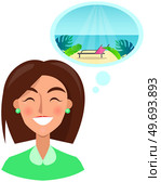 Happy woman dreams about traveling. Female character thinking about vacation, resort. Speech bubble with beach and sea above head of lady. Joyful girl looking forward to rest, summer recreation. Happy woman dreams about traveling. Joyful girl looking forward to rest, summer recreation, vacation. Стоковая иллюстрация, агентство Ingram Publishing / Фотобанк Лори
