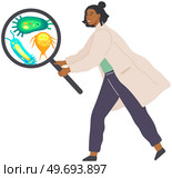 Scientist makes laboratory analysis of life system and organisms. Idea of education, microbiology, science. Biologist studies microorganisms under magnification. Biological research with unicellular. Biologist studies microorganisms under magnification. Scientist makes lab analysis of life system. Стоковая иллюстрация, агентство Ingram Publishing / Фотобанк Лори