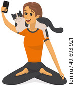 Girl with smartphone takes selfie with cat. Woman making self photo with kitten. Lady with phone posing for photo with animal. Female character making selfie with pet isolated on white background. Girl with smartphone takes selfie with cat. Woman making self photo with kitten, fluffy pet. Стоковая иллюстрация, агентство Ingram Publishing / Фотобанк Лори