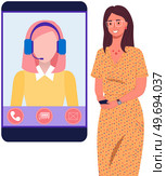 Call center hotline, communication via mobile network. Online support worker, phone service operator. Remote service specialist with headphone on smartphone screen. Woman customer talks via video call. Remote service specialist with headphone on smartphone screen. Woman customer talks via video call. Стоковая иллюстрация, агентство Ingram Publishing / Фотобанк Лори