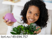 a woman sprays a bonsai tree. Стоковое фото, агентство Ingram Publishing / Фотобанк Лори