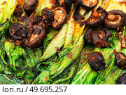 Chinese fried Pak Choi with shitake mushrooms. Asian vegan food, close up. Fried chinese cabbage pak choi. Стоковое фото, агентство Ingram Publishing / Фотобанк Лори