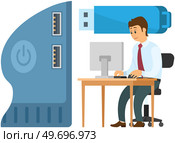 Businessman choosing port to insert cable and USB connection, USB port standard, digital data communications concept, flash drive. Serial interface for connecting peripheral devices to computers. Businessman choosing port to insert cable and USB connection, USB port standard, data communications. Стоковая иллюстрация, агентство Ingram Publishing / Фотобанк Лори