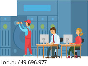 Cloud data storage, remote backup of files, data center and database, people engineers with laptop. Hardware equipment, server, supercomputer room. Technical administrator manage server digital device. Cloud data storage, remote backup of files, data center and database, people engineers with laptop. Стоковая иллюстрация, агентство Ingram Publishing / Фотобанк Лори
