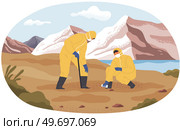 People in uniform explore nature, ground. Researchers take samples of biomaterial. Environmental and ecology research. Scientists in protective clothes conduct ecological experiment in forest or park. Scientists in protective clothes conduct ecological experiment, take samples in forest or park. Стоковая иллюстрация, агентство Ingram Publishing / Фотобанк Лори