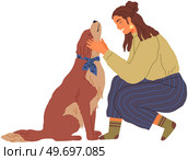 Female pet owner plays with dog. Caring for four-footed friend concept. Happy lady with puppy, domestic animal, human companion at home. Dog follows command, gives paw to woman. Girl training doggy. Dog follows command, gives paw to woman. Girl training doggy. Female pet owner plays with puppy. Стоковая иллюстрация, агентство Ingram Publishing / Фотобанк Лори