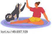 Female pet owner plays with dog. Caring for four-footed friend concept. Happy lady with puppy, domestic animal isolated on white. Dog follows command, gives paw to woman. Girl training doggy give five. Happy lady with puppy, domestic animal in cozy living room. Dog follows command, gives paw to woman. Стоковая иллюстрация, агентство Ingram Publishing / Фотобанк Лори