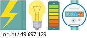 Electric LED, incandescent lamp and charging devices. Electrical appliance for creating light. Light bulb near battery, accumulator, electricity generator and meter. Generation of electricity, power. Incandescent lamp and charging devices. Generation of electricity with electrical appliance. Стоковая иллюстрация, агентство Ingram Publishing / Фотобанк Лори