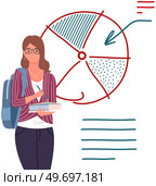 Businesswoman analyzing graph analyst makes presentation at meeting. Business plan with charts and diagrams. Person works with data system, organizing information, analyzing statistics, success report. Businesswoman analyzing graph, analyst makes presentation at meeting, stands at board with diagram. Стоковая иллюстрация, агентство Ingram Publishing / Фотобанк Лори