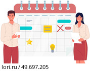 Month scheduling, to do plan, time management, checklist. People stands near to do list and planning. Plan fulfilled, task completed, timetable sheet. Check list planning, schedule concept. People stands near to do list and planning. Month scheduling, time management, checklist. Стоковая иллюстрация, агентство Ingram Publishing / Фотобанк Лори