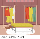 Wardrobe, womens clothing on stand in dressing room. Choosing clothes, garments for outfit concept. Hanger for home or boutique interior. Colored dresses on hangers for fitting room or showroom. Wardrobe, womens clothing on stand in dressing room. Choosing clothes, garments for outfit concept. Стоковая иллюстрация, агентство Ingram Publishing / Фотобанк Лори
