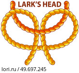 Yellow nautical rope knot, interweaving of ropes, cables, tapes or other flexible linear materials. Larks head isolated on white. Household binding and fastening unit for permanent fastening. Yellow nautical rope knot, interweaving of ropes, cables, tapes or other flexible linear materials. Стоковая иллюстрация, агентство Ingram Publishing / Фотобанк Лори