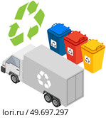 Truck lorry icon with recycle sign. Car for garbage removal. Wagon with trailer for transporting and garbage bins. Vehicle for transpportation and shipping. Delivery of sweepings by transport. Truck lorry icon with recycle sign. Car for garbage removal. Wagon with trailer for transporting. Стоковая иллюстрация, агентство Ingram Publishing / Фотобанк Лори