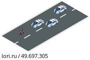 Police transport moves along roads of city. Emergency car accompanied by motorcycle crossing. Vehicle for transporting detainees and policemen. Police service automobile driving on highway of town. Police transport moves along roads of city. Emergency car accompanied by motorcycle crossing. Стоковая иллюстрация, агентство Ingram Publishing / Фотобанк Лори