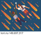 Astronaut woman and man with jet backpack flying among planets and comets, dressed as spaceman dream about space. People with self made jetpack flying to sky. Person in costume of space explorer. Astronaut woman and man with jet backpack flying among planets dressed as spaceman dream about space. Стоковая иллюстрация, агентство Ingram Publishing / Фотобанк Лори