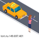 Woman hitchhiking taxi on city town street. Girl waves her hand to stop car on roadway. Lady near yellow taxi service vehicle. Female character ordering passenger transport vector illustration. Woman hitchhiking taxi automobile on city town street. Girl waves her hand to stop car on roadway. Стоковая иллюстрация, агентство Ingram Publishing / Фотобанк Лори