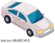 White family car for driving on road. Transport for traveling and city trips. Flat isometric automobile isolated background. Modern 3d car design transport and equipment, vehicle sedan side view. White family car for driving on road. Transport for traveling and city trips. Flat isometric automobile. Стоковая иллюстрация, агентство Ingram Publishing / Фотобанк Лори