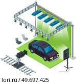 Black car on green screen backdrop in photo or film studio. Green background and lighting for movie filming. Chromakey with spotlights and automobile on set. Making film with vehicle, transport. Black car on green screen backdrop in photo or film studio. Chromakey with spotlights and automobile. Стоковая иллюстрация, агентство Ingram Publishing / Фотобанк Лори