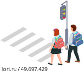 Pedestrian crossing on street. Crosswalk with people pedestrians. Schoolchildren or students crossing city road. Movement and transportation in town. Track with road marking and traffic light. Crosswalk with people pedestrians. Schoolchildren or students crossing city road with traffic light. Стоковая иллюстрация, агентство Ingram Publishing / Фотобанк Лори