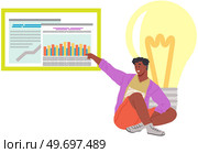 Man showing business diagram on presentation board. Guy points to bar chart report. Business statistics and data analysis concept. Businessman works with statistical indicators and new ideas creation. Businessman works with statistical indicators and new ideas creation. Man showing business diagram. Стоковая иллюстрация, агентство Ingram Publishing / Фотобанк Лори
