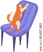 Cat plays and scratches chair. Kitten spending time and having fun at home. Fluffy cat touches soft chair. Pet scratches furniture with claws. Dometic animal, cute pet alone vector illustration. Kitten spending time and having fun at home. Cat plays and scratches furniture with claws. Стоковая иллюстрация, агентство Ingram Publishing / Фотобанк Лори