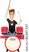 Guy drummer at drum. Brutal man playing with sticks on drums and cymbals flat style design. Talented happy musician, musical show. Musical art concept, member of rock group, music equipment on stage. Guy drummer musician at drum. Brutal man playing with sticks on drums and cymbals, rock music. Стоковая иллюстрация, агентство Ingram Publishing / Фотобанк Лори