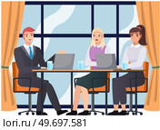 Office staff, work and communication. Head and subordinates. Various workers, managers team. Top managers employees of different levels. Office workers. Co-workers. Colleagues discuss project teamwork. Office workers. Co-workers. Colleagues discuss project teamwork. Office staff work and communication. Стоковая иллюстрация, агентство Ingram Publishing / Фотобанк Лори