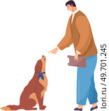Male pet owner with dog training, playing. Caring for four-footed friend concept. Guy with puppy, domestic animal, human companion while training. Dog follows command of man vector illustration. Male pet owner with dog training and playing. Dog, domestic animal follows command of guy. Стоковая иллюстрация, агентство Ingram Publishing / Фотобанк Лори