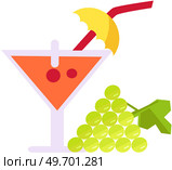 Summer drink, cocktail party martini glass. Tropical alcoholic lemonade and grape on sunny beach. Red drink in martini glass decorated with umbrella. Alcohol cocktail and fresh fruit at summer resort. Summer drink, cocktail party martini glass. Tropical alcoholic lemonade and grape on sunny beach. Стоковая иллюстрация, агентство Ingram Publishing / Фотобанк Лори