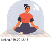 Female restrictions, young woman sits in lotus position under glass jar. Character is getting out of confined space. Concept of freedom, mental rehabilitation and opening up new opportunities. Female restrictions, young woman sits in lotus position under glass jar, meditates and relaxes. Стоковая иллюстрация, агентство Ingram Publishing / Фотобанк Лори
