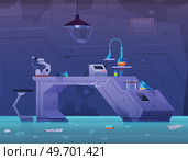 Accident and destruction while scientists experimenting in science chemistry laboratory with explosion of lab premice and leakage of studied liquid in flasks, fluid sample bang, failed experiment. Accident. destruction while scientists experimenting in science chemistry laboratory with explosion. Стоковая иллюстрация, агентство Ingram Publishing / Фотобанк Лори