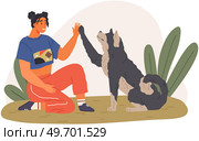 Female pet owner plays with dog. Caring for four-footed friend concept. Happy lady with puppy, domestic animal, human companion at home. Dog follows command, gives paw to woman. Girl training doggy. Dog follows command, gives paw to woman. Girl training doggy. Female pet owner plays with puppy. Стоковая иллюстрация, агентство Ingram Publishing / Фотобанк Лори