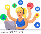 Woman doing simultaneously many tasks. Female employee trying to deal with deadlines. Overworking, overload at work, time management, planning concept. Lady with many hands coping with multitasking. Woman doing simultaneously many tasks. Female employee with many hands trying to deal with deadlines. Стоковая иллюстрация, агентство Ingram Publishing / Фотобанк Лори