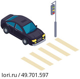 Car near pedestrian crossing on street. Driver stops in front of crosswalk. Movement and transportation in city. Track with car and road marking. Automobile stands at traffic light near crosswalk. Automobile stands at traffic light near crosswalk. Driver stops in front of pedestrian crossing. Стоковая иллюстрация, агентство Ingram Publishing / Фотобанк Лори