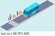 Vehicle near bus stop with passengers. Driver of auto stops in front of crosswalk. Blue bus for transporting people around town. Urban public transport next to pedestrian crossing on street. Vehicle near bus stop with passengers. Urban public transport next to pedestrian crossing. Стоковая иллюстрация, агентство Ingram Publishing / Фотобанк Лори
