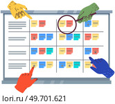 Planning schedule, business event and calendar with stickers. People with schedule organize meeting, create monthly plan. Strategy, time management concept. Hands point to calendar with planned dates. Hands point to calendar with planned dates. People with schedule, timetable organize monthly plan. Стоковая иллюстрация, агентство Ingram Publishing / Фотобанк Лори