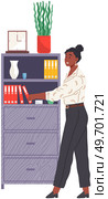 Woman secretary near case with documents. Vector business woman or student takes out folder with paper files. Office worker take archive files. Girl emplyee assistants shelving folders in office. Woman secretary near case with documents. Girl emplyee assistants shelving folders in office. Стоковая иллюстрация, агентство Ingram Publishing / Фотобанк Лори