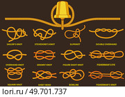 Yellow nautical rope knot, interweaving of ropes, tapes or other flexible linear materials. Twisted tape set of rope knots, hitches, bows, bends. Fastening any tackle or connection between two cables. Yellow nautical rope knot, interweaving of ropes, cables, tapes or other flexible linear materials. Стоковая иллюстрация, агентство Ingram Publishing / Фотобанк Лори