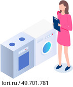 Woman in home appliances and domestic equipment store chooses washing machine and oven for home use in kitchen room. Device, electrical appliance shop in shopping mall, household chores and comfort. Woman in home appliances and domestic equipment store chooses washing machine and oven for home. Стоковая иллюстрация, агентство Ingram Publishing / Фотобанк Лори