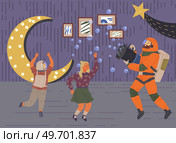 Children play with animators at birthday in cosmic style. Set of holiday scenes with people at space party. Kids in costumes have fun together. Joint pastime and recreation with friends at party. Children play with animators at birthday in cosmic style. Set of scenes with people at space party. Стоковая иллюстрация, агентство Ingram Publishing / Фотобанк Лори