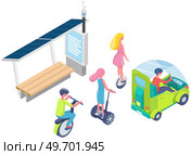 Road in city with people riding various kinds of electric transport scooter, hoverboard, gyro scooter, one wheel, car. Environment friendly electric transport. Smart city concept with bus stop. Road in city with people riding various electric transport hoverboard, gyro scooter, one wheel, car. Стоковая иллюстрация, агентство Ingram Publishing / Фотобанк Лори