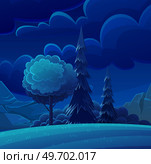Forest glade with plants and trees at night. Dark wild wood background, mysterious place scenery. Night clearing with trees vector illustration. Forest view, outdoor recreation place in darkness. Forest glade with plants and trees at night. Dark wild wood background, mysterious place scenery. Стоковая иллюстрация, агентство Ingram Publishing / Фотобанк Лори