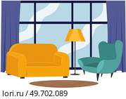 Living room interior with two armchairs next to window with plants on carpet. Modern home decor and decoration. Stylish cozy chair in livingroom interior background concept for arrangement design. Living room interior with two armchairs next to window with plants on carpet. Modern home decor. Стоковая иллюстрация, агентство Ingram Publishing / Фотобанк Лори