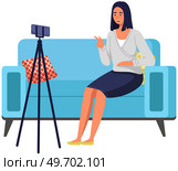 Podcaster woman character in office room interior. Girl listening audio podcast and speaking at live streaming use smartphone and laptop on her vlog. Podcaster making, blogger, technology concept. Podcaster woman character in office room interior. Girl listening audio podcast. Стоковая иллюстрация, агентство Ingram Publishing / Фотобанк Лори