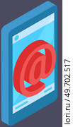 Email symbol on smartphone screen. App for chatting and mailing. Program for online communication via Internet. Virtual mailbox with digital email icon on display. Phone application with mail. Virtual mailbox with digital email icon on display. App for chatting and mailing via Internet. Стоковая иллюстрация, агентство Ingram Publishing / Фотобанк Лори