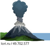 Strong jet of effluent hot lava. Erupting rock pinnacle volcano disaster with burning fire. Volcanic eruption mountain with magma in exotic village. Volcano with lava on tourist tropical island. Volcanic eruption mountain with magma in exotic village. Volcano with lava on tropical island. Стоковая иллюстрация, агентство Ingram Publishing / Фотобанк Лори