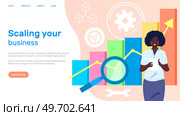 Scaling your business website template. Infochart with magnifying glass, successful work items. Woman working with statistical indicators and data analysis. Analytics of business statistics concept. Scaling your business website template. Woman working with statistical indicators and data analysis. Стоковая иллюстрация, агентство Ingram Publishing / Фотобанк Лори