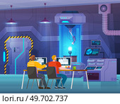 Programmers scientists in laboratory conduct experiment, develop tests men scientific research in technical or chemical lab with equipment glass camera with electricity, computers and lab machines. Programmers scientists in laboratory conduct experiment, develop tests in technical or chemical lab. Стоковая иллюстрация, агентство Ingram Publishing / Фотобанк Лори